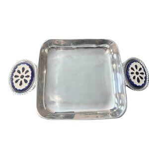 Vintage Heavy Aluminum Silver Serving Tray Ceramic Blue Handle Detail 8"x8"